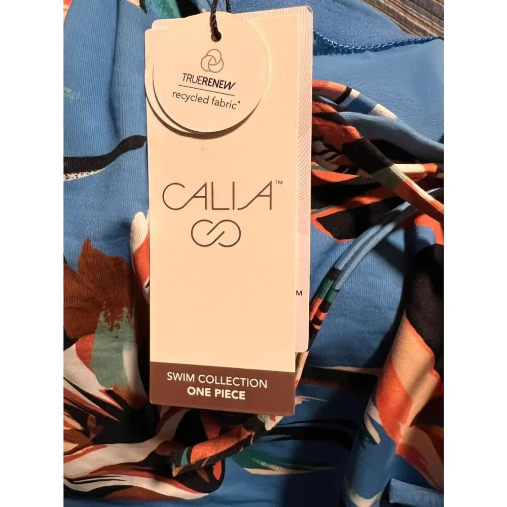🆕 CALIA Tranquil Floral Blue Triangle Strappy Back One Piece Swimsuit Size 16